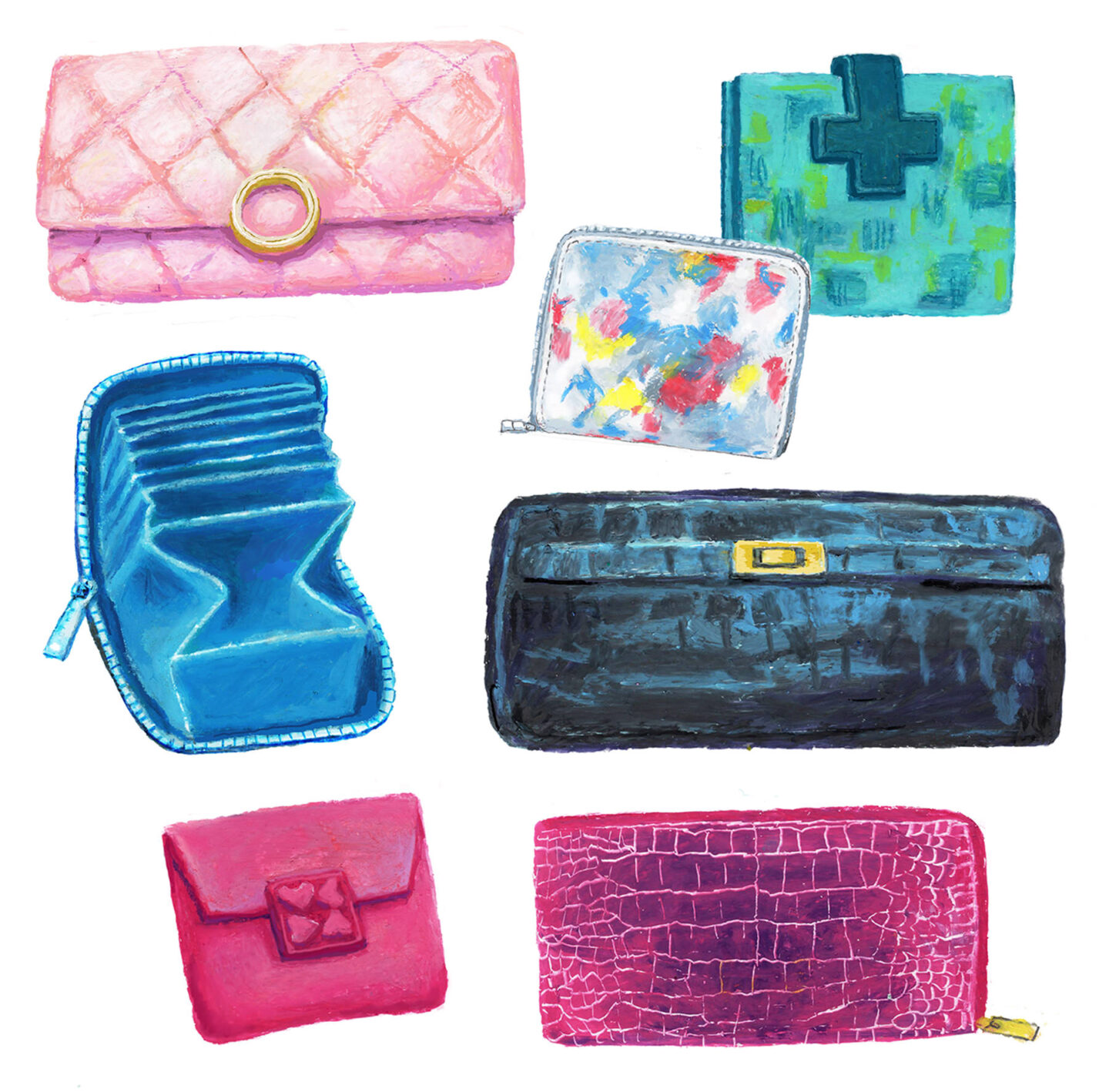 さまざまな色と形の財布やポーチのイラスト